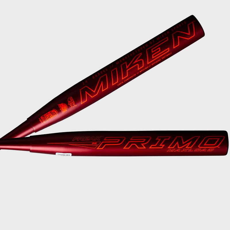 Two views of the barrel of a red 2021 Freak Primo Maxload USSSA bat with the Primo logo on one and Miken on the other - SKU: MP21MU image number null